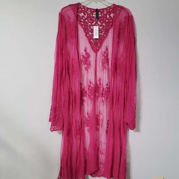Lane Bryant Other - Lane Bryant Kimono Womens 18-20 Sheer Lace Floral Embroidered Duster Pink NwT